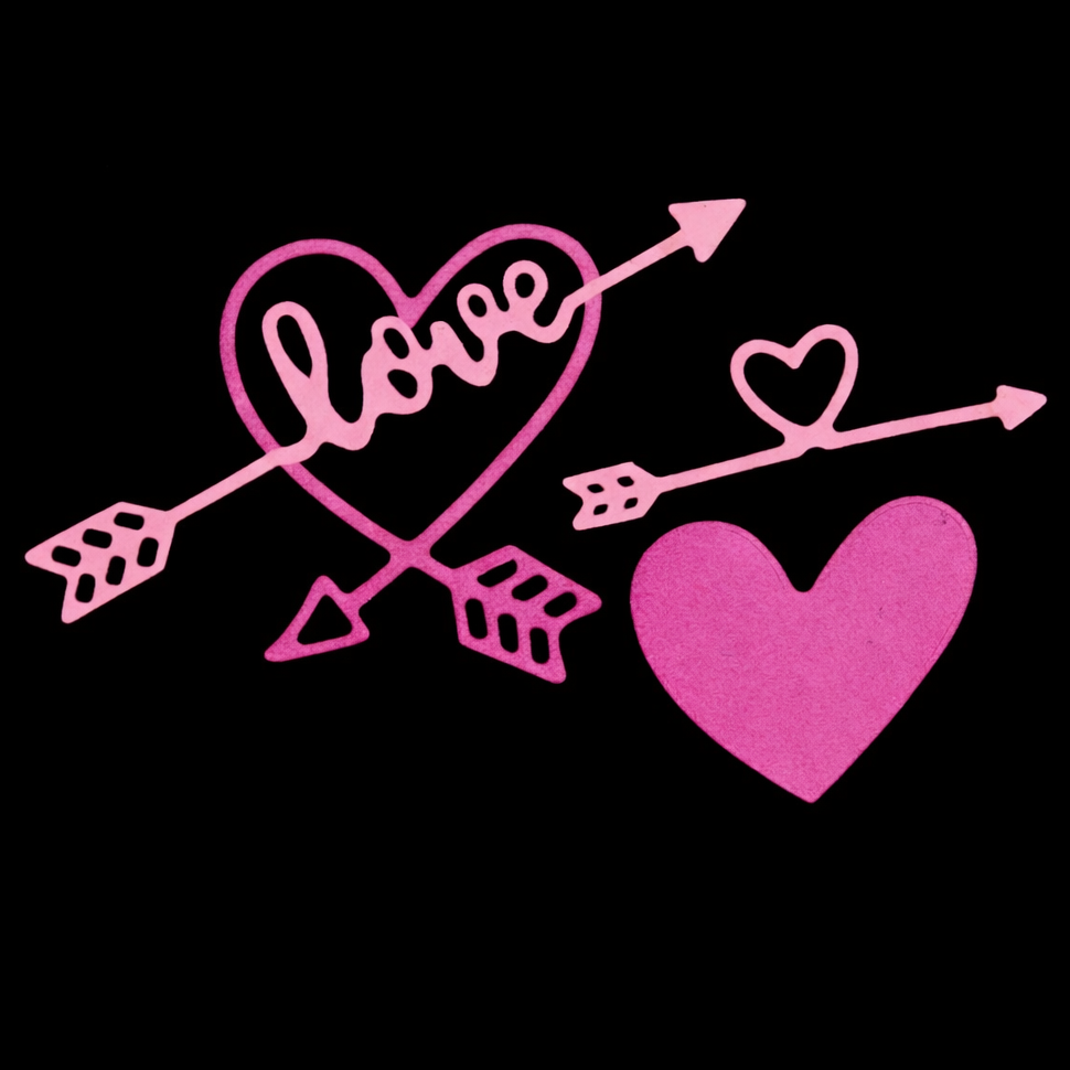 Pink hearts and arrows with 'love' text on a black background