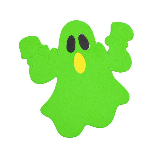 Finished green Halloween ghost paper cut with black eyes and yellow mouth, created using the ghost metal cutting die.
