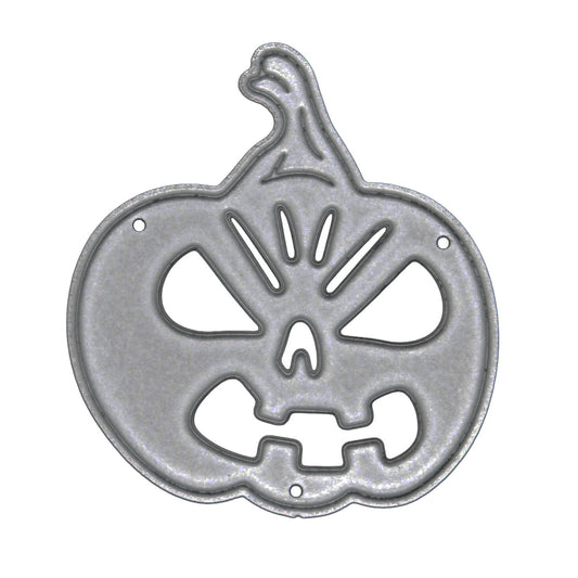 Halloween pumpkin metal cutting die with jack o’ lantern face design shown on a plain white background.