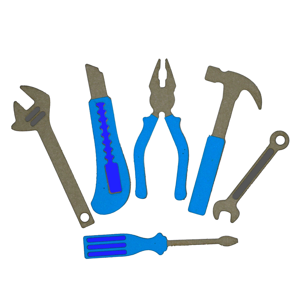 Hand tool die cuts arranged together showing hammer, pliers, screwdriver, adjustable spanner, utility knife and small spanner.