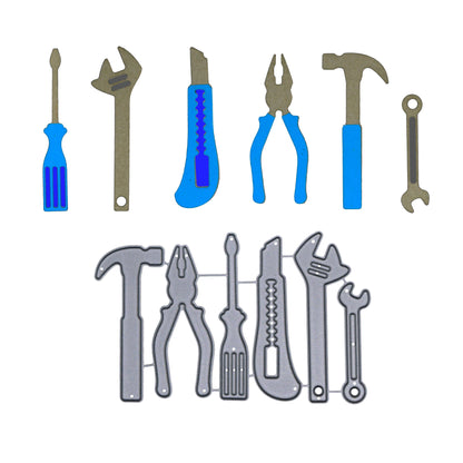 Hand tool paper cuts and matching metal cutting die shown together, including hammer, pliers, screwdriver, knife and spanners.