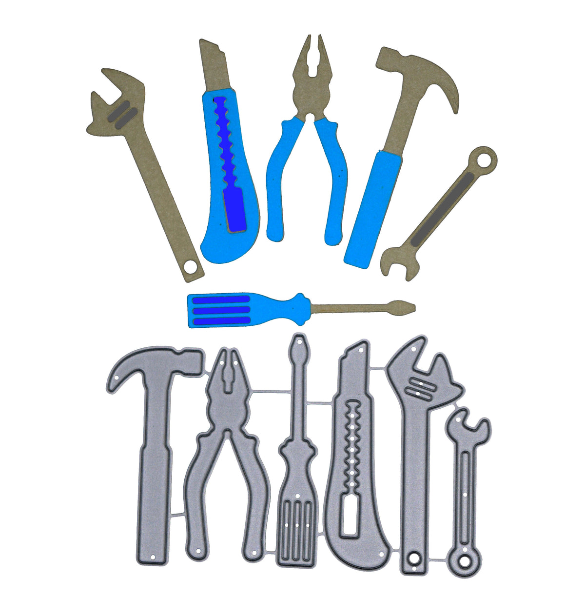 Hand tool paper cuts and matching metal cutting die shown together, including hammer, pliers, screwdriver, knife and spanners.