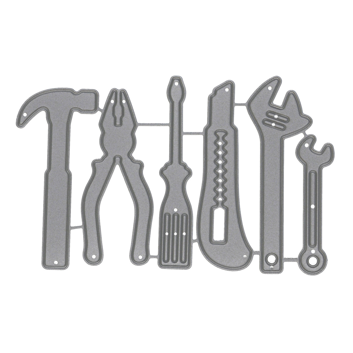 Hand tools metal cutting die set on a white background featuring hammer, pliers, screwdriver, utility knife and spanners.