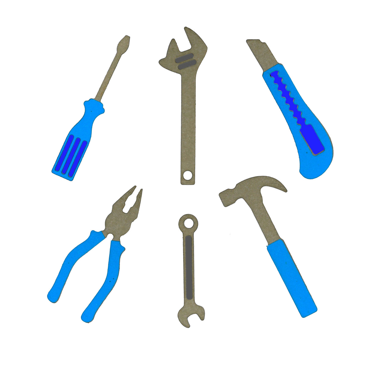 Paper cuts made with hand tools metal cutting dies including screwdriver, spanners, utility knife, pliers and hammer.