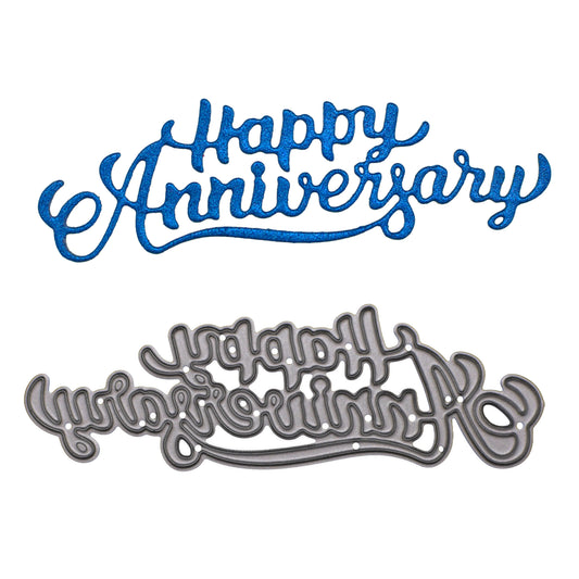 Happy Anniversary metal cutting die displayed with its finished blue glitter sentiment cut for card making.