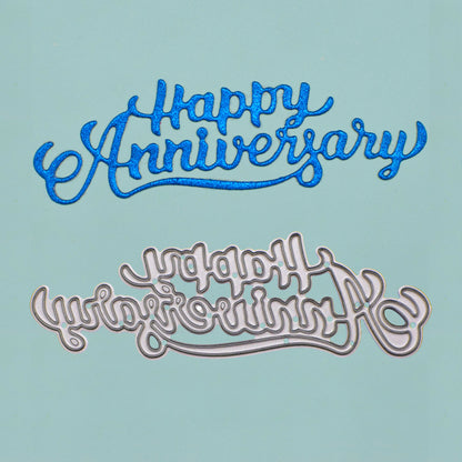 Blue glitter Happy Anniversary die cut displayed above the matching metal cutting die on pale blue card.