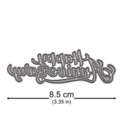 Happy Anniversary script metal cutting die with an approximate width measurement of 8.5 cm or 3.35 inches.