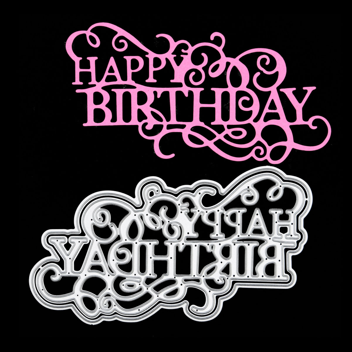 Large decorative Happy Birthday metal cutting die with pink finished die cut sample