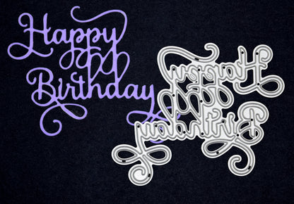 Happy Birthday die cut sentiment in purple card alongside matching metal cutting die with elegant calligraphy swirls for handmade birthday cards