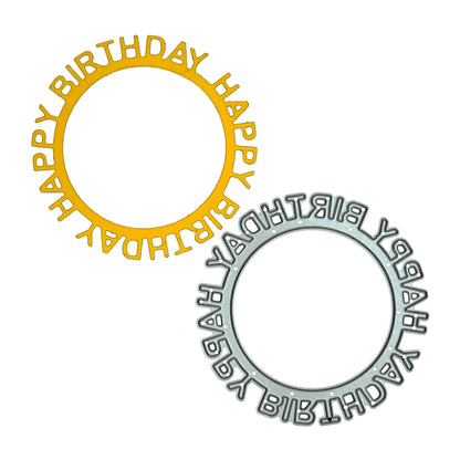 Happy Birthday circular frame die shown with matching sentiment die cut example
