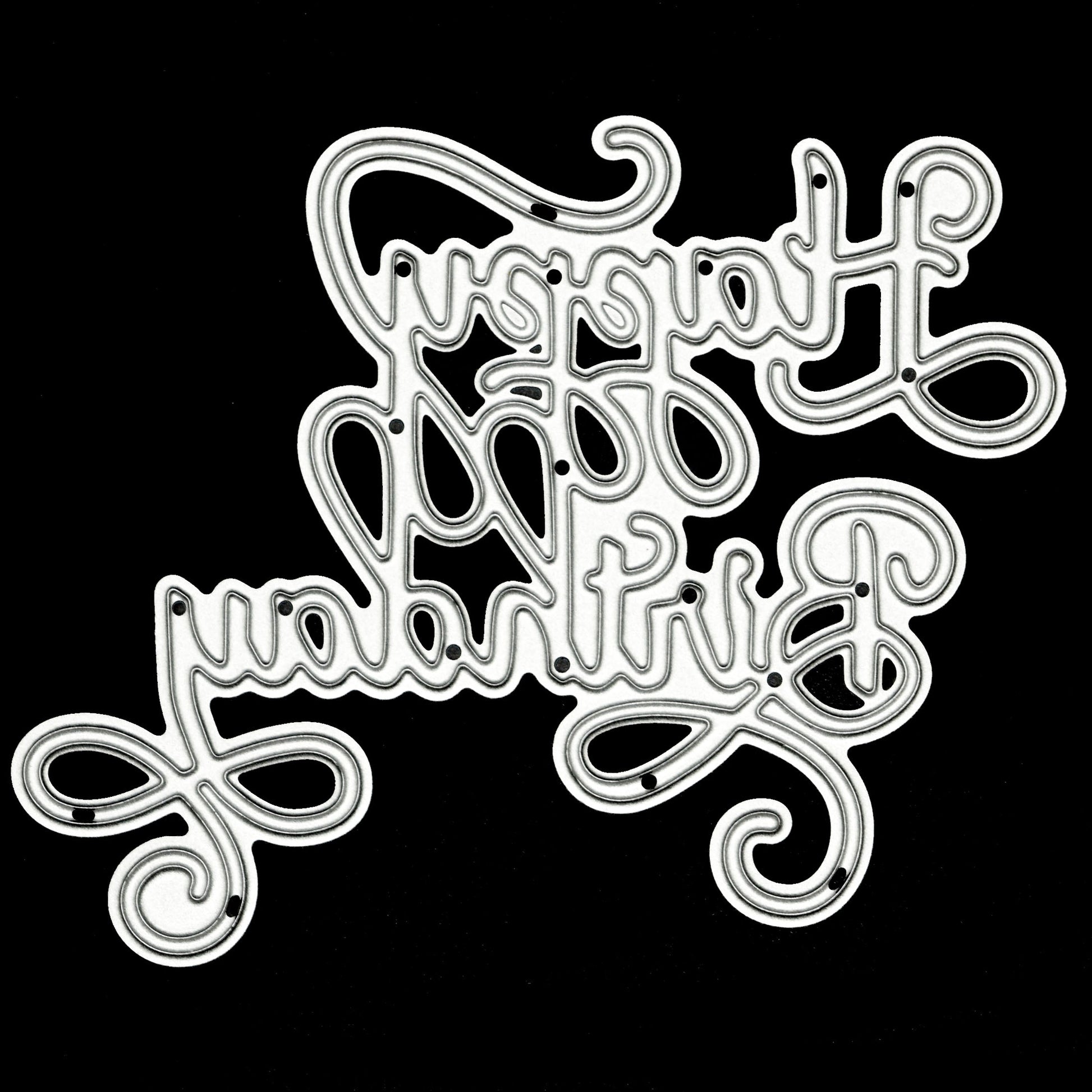 Happy Birthday metal cutting die featuring decorative calligraphy lettering and swirl flourishes for card making and paper crafts