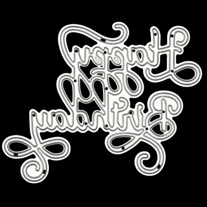 Happy Birthday metal cutting die featuring decorative calligraphy lettering and swirl flourishes for card making and paper crafts