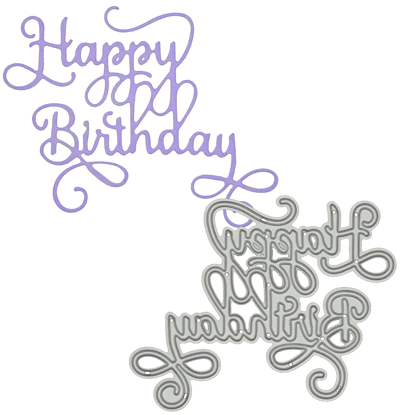 Happy Birthday sentiment die and finished purple card cut featuring decorative calligraphy swirls for birthday card making projects