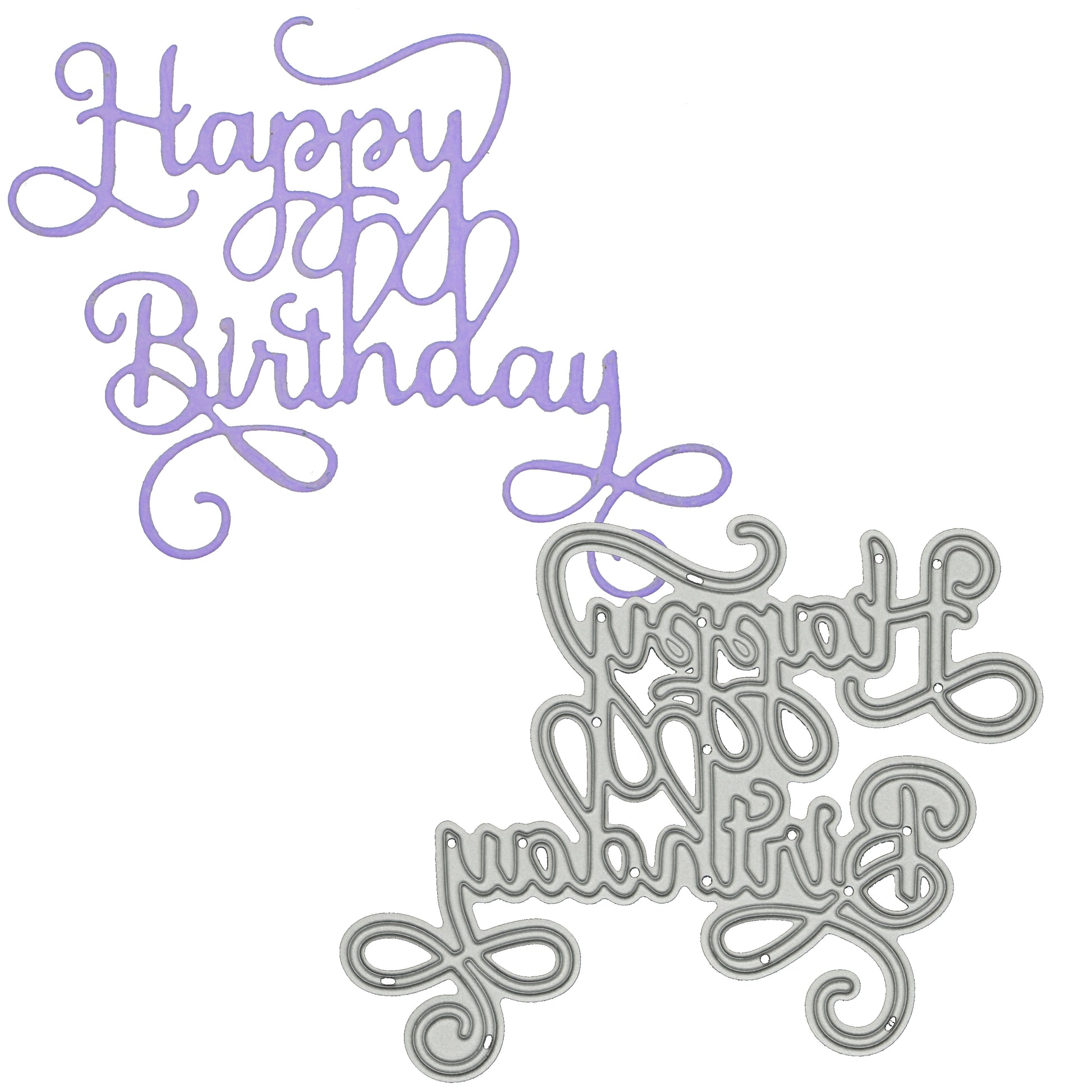 Happy Birthday sentiment die and finished purple card cut featuring decorative calligraphy swirls for birthday card making projects