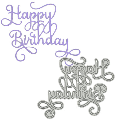 Happy Birthday sentiment die and finished purple card cut featuring decorative calligraphy swirls for birthday card making projects