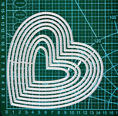 Heart nesting metal cutting dies size reference on cutting mat for card making