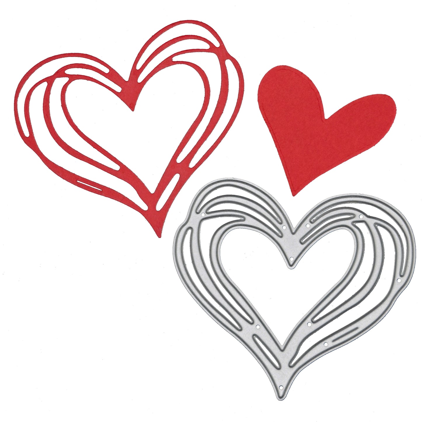 Heart metal cutting die with red cut example on white background