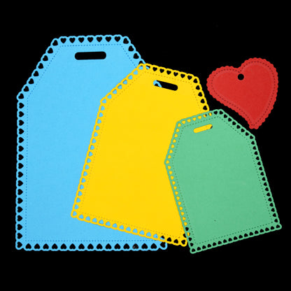 Heart tag die cut examples showing stitched edge and heart border