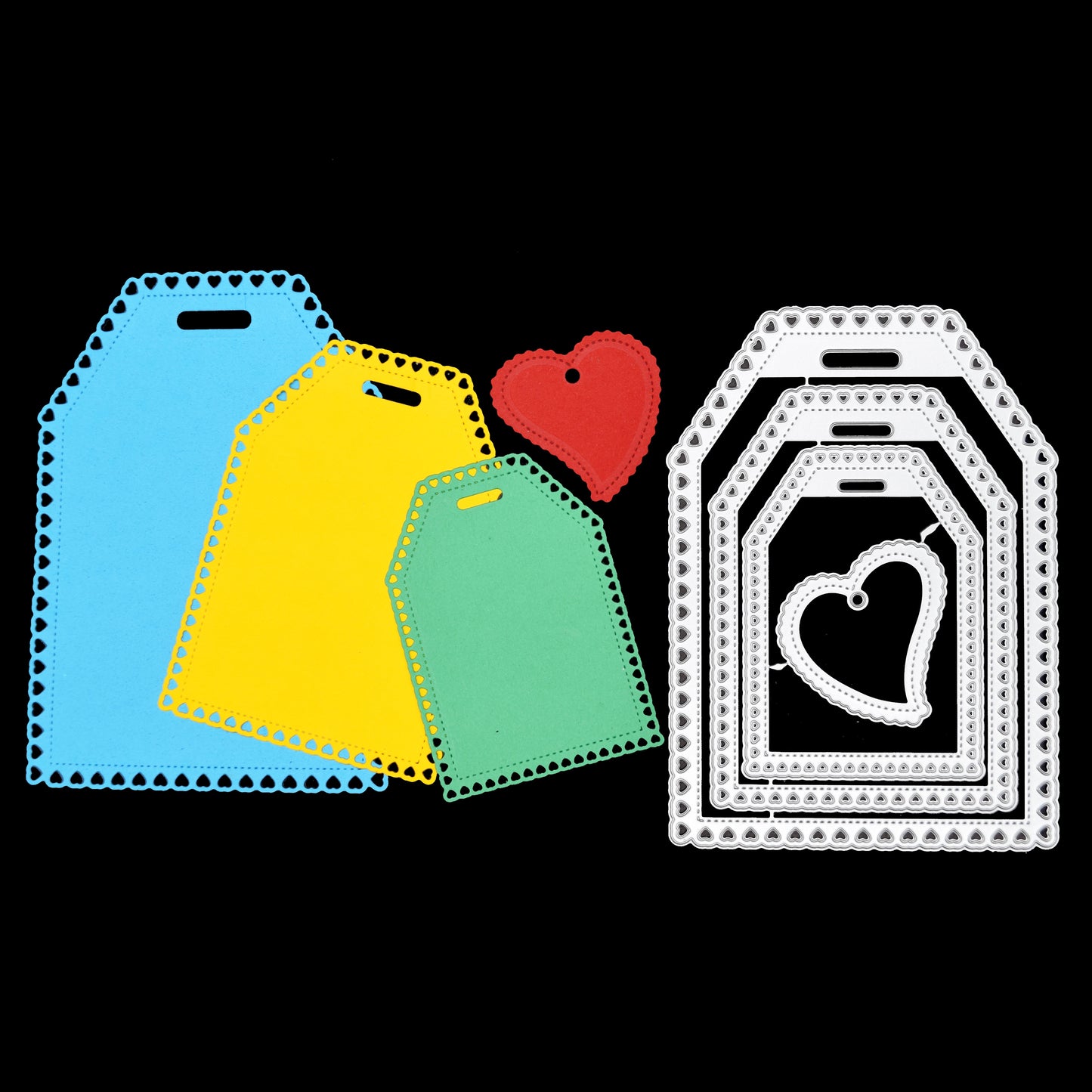Heart tag metal cutting dies set with finished tag examples