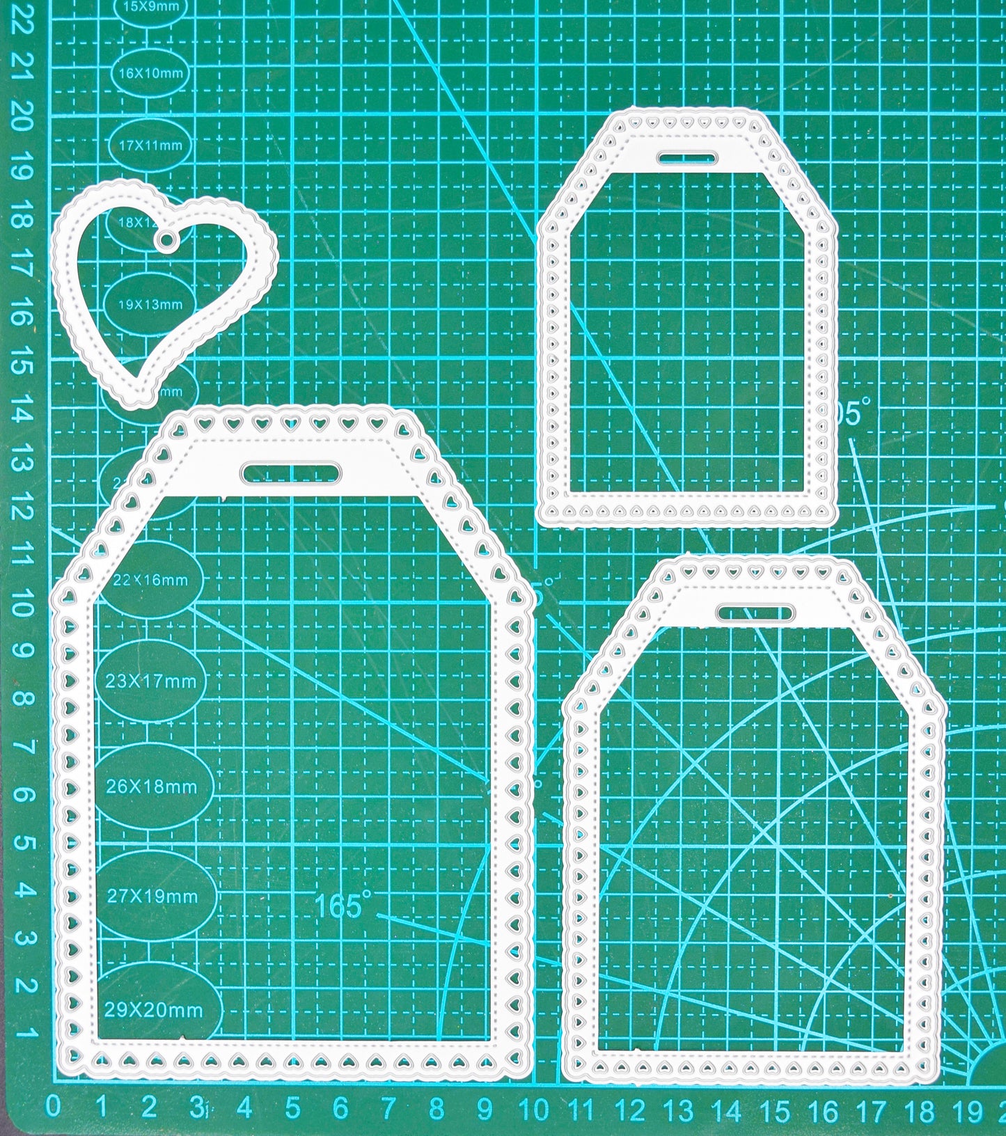 Heart tag nesting dies and heart insert die layout on cutting mat
