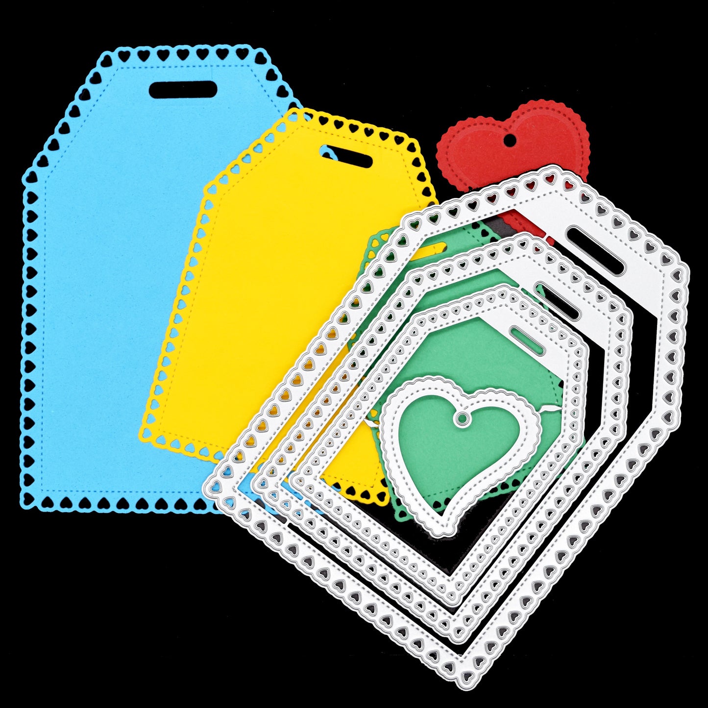 Heart tag nesting metal cutting dies set with coloured tag examples