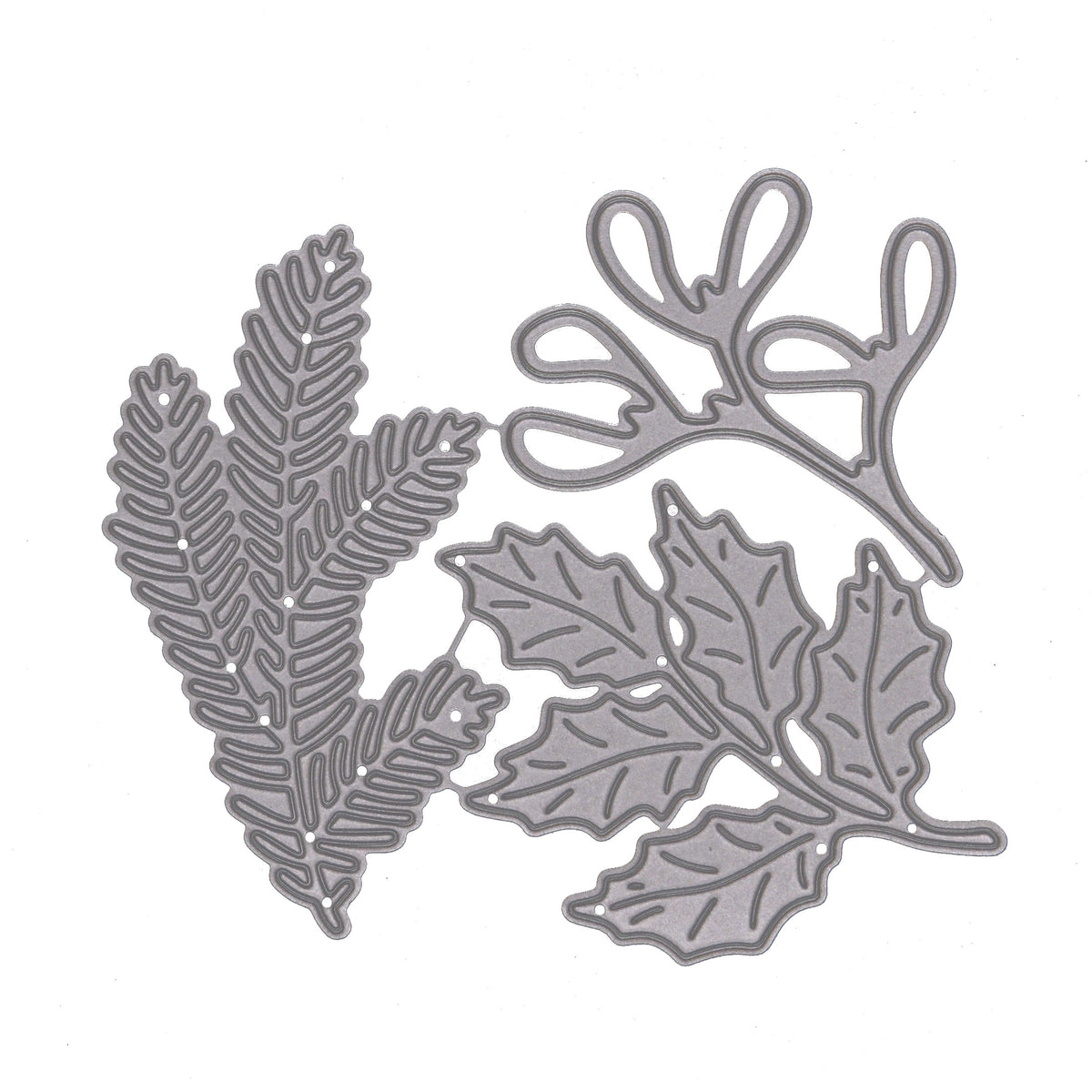 Set of three Christmas metal cutting dies with detailed holly, pine foliage and mistletoe-style branch designs.