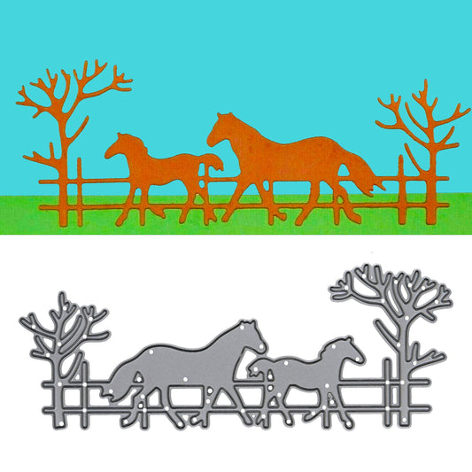 Brown horse and foal countryside paper cut shown above the matching fence and tree metal cutting die.