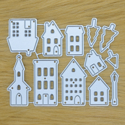 House and tree metal cutting dies set on faux fur background