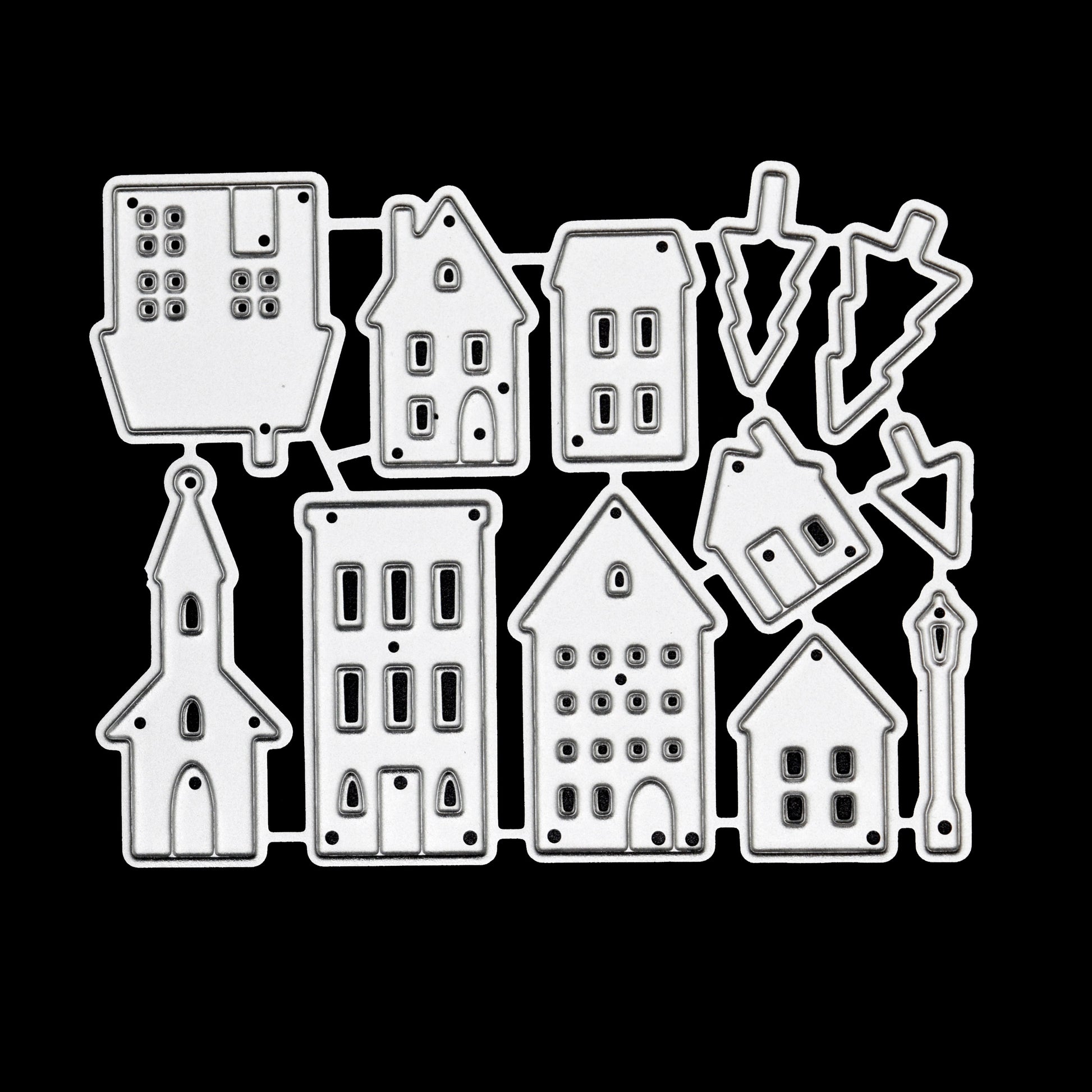 Houses trees and lamppost metal cutting dies set for card making