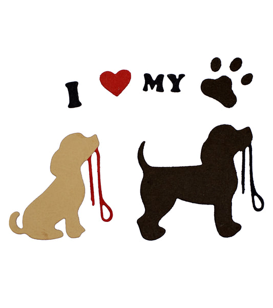 I Love My Dog paper cuts with sitting and standing dogs, leads, heart and paw print made using metal cutting dies.