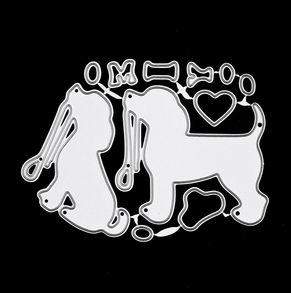 I Love My Dog metal cutting die set with two dogs, leads, heart, paw print, bone and lettering pieces.