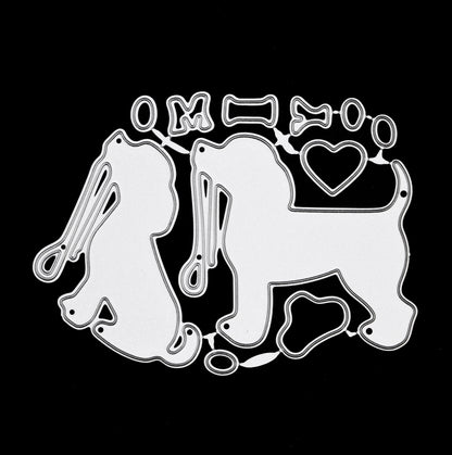 I Love My Dog metal cutting die set with two dogs, leads, heart, paw print, bone and lettering pieces.