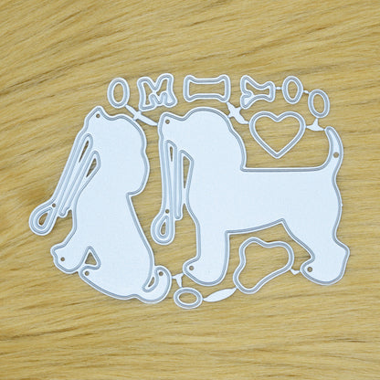 I Love My Dog metal cutting die set displayed on a faux fur background with two dog shapes and pet themed embellishments.