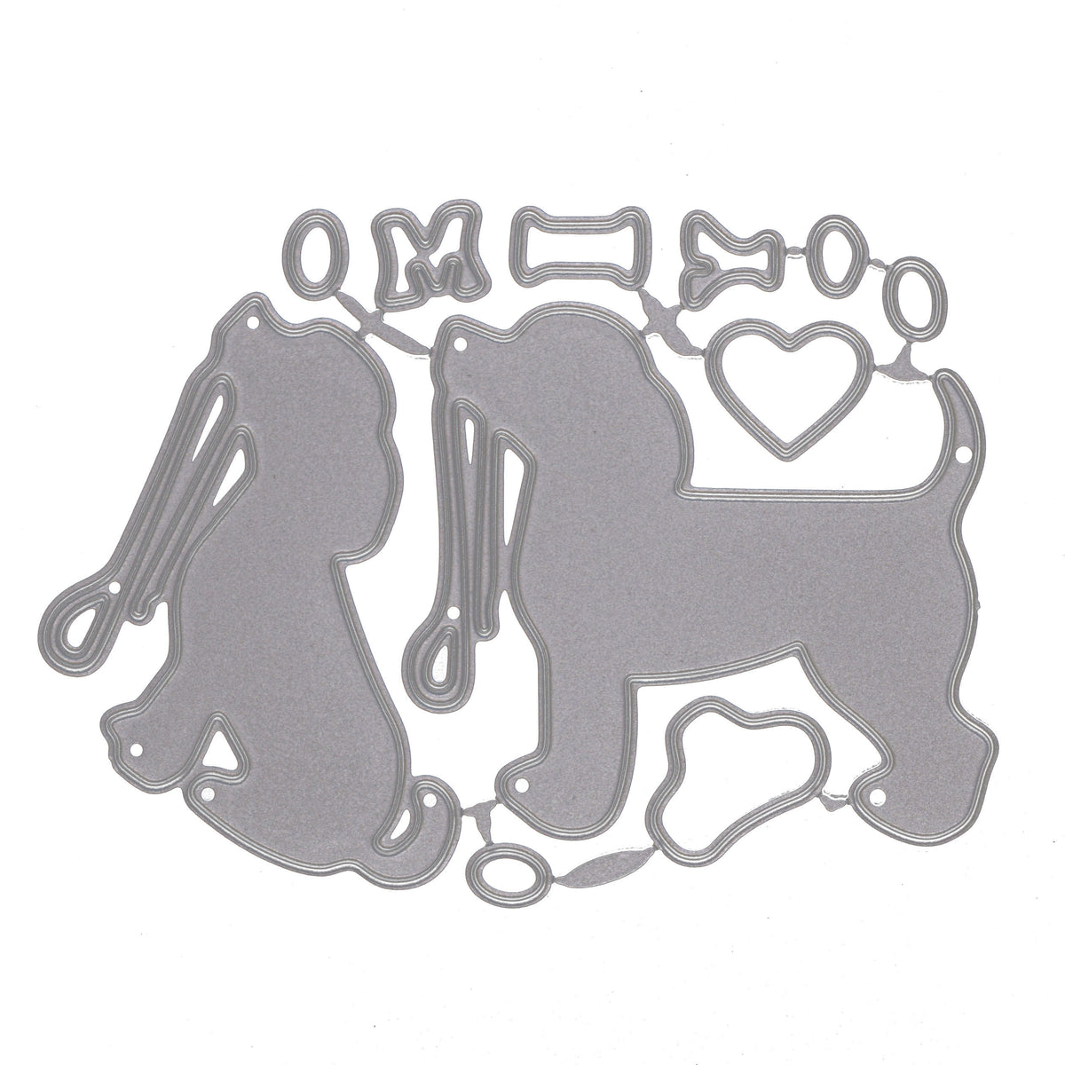 I Love My Dog metal cutting dies on a white background including two dogs, leads, heart, bone, paw print and lettering.