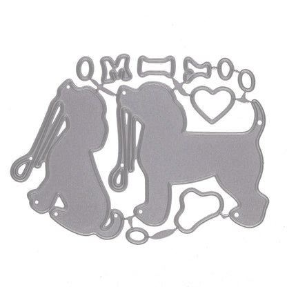 I Love My Dog metal cutting dies on a white background including two dogs, leads, heart, bone, paw print and lettering.