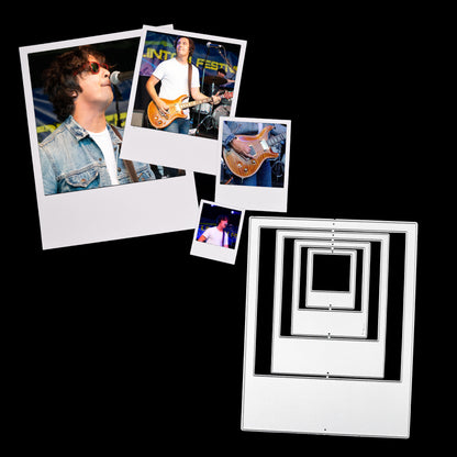 Instant camera frame nesting metal cutting dies shown beside finished photograph frames for scrapbooking and memory projects