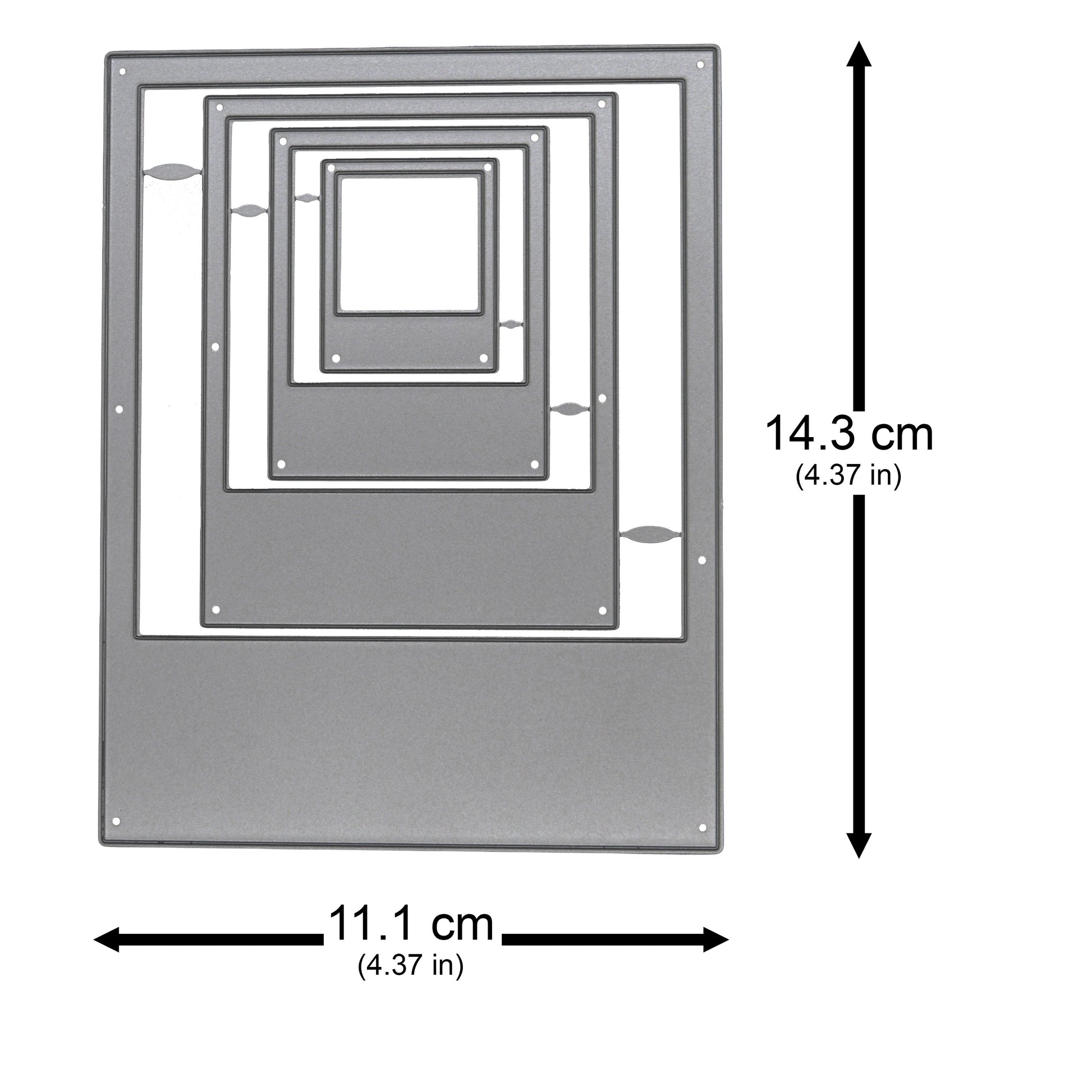 Instant camera frame nesting metal cutting dies shown with approximate measurements for card making and scrapbooking