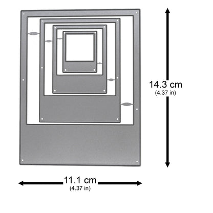 Instant camera frame nesting metal cutting dies shown with approximate measurements for card making and scrapbooking