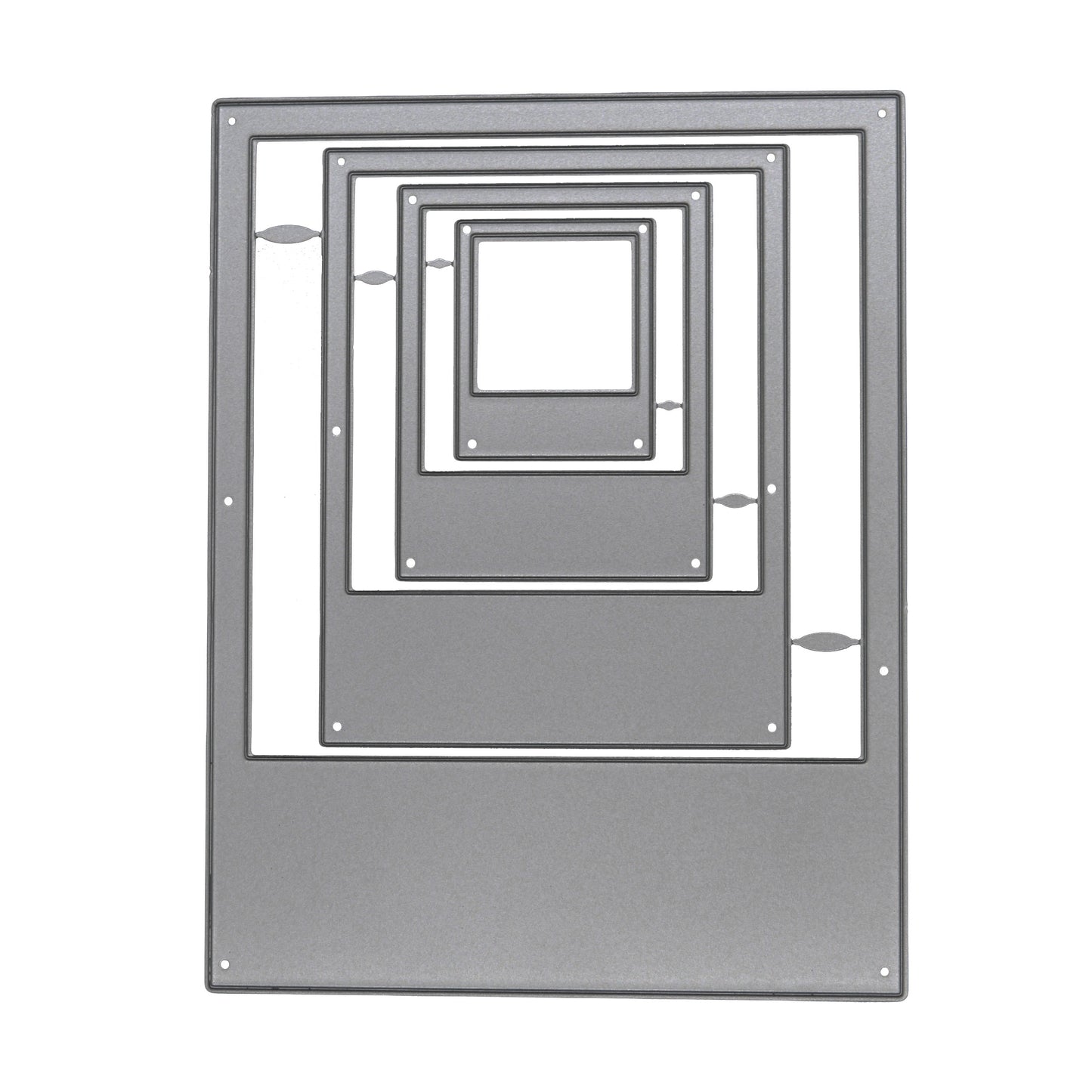 Set of four graduated instant camera frame nesting metal cutting dies displayed on a plain white background