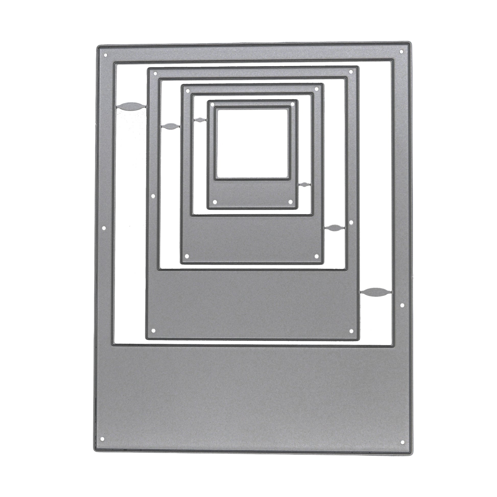 Set of four graduated instant camera frame nesting metal cutting dies displayed on a plain white background