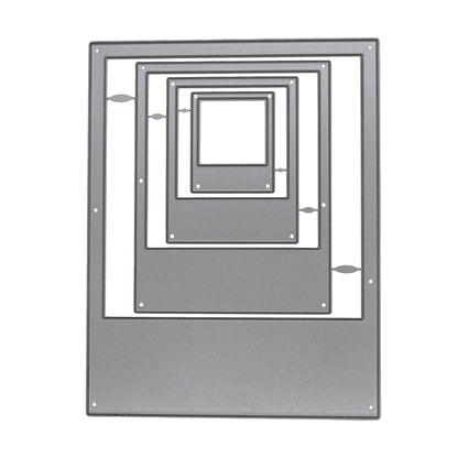 Set of four graduated instant camera frame nesting metal cutting dies displayed on a plain white background