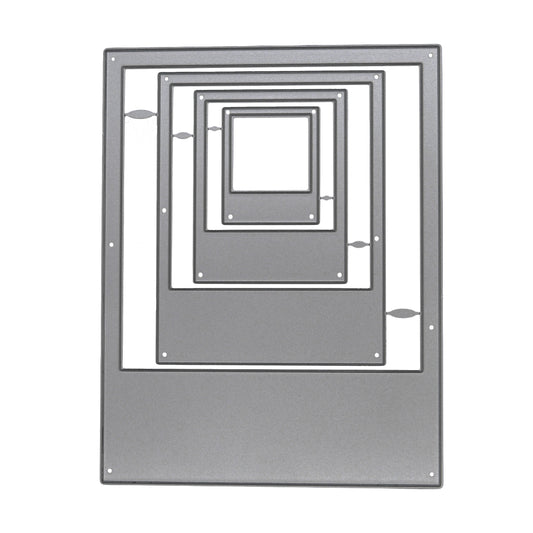 Set of four graduated instant camera frame nesting metal cutting dies displayed on a plain white background