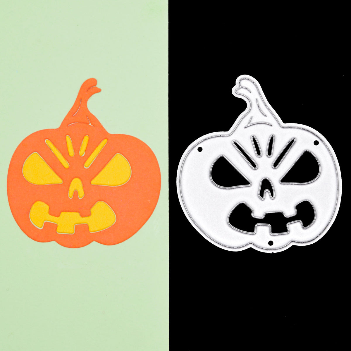 Orange and yellow jack o’ lantern paper cut shown beside the matching Halloween pumpkin metal cutting die for card making.