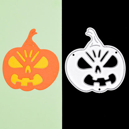 Orange and yellow jack o’ lantern paper cut shown beside the matching Halloween pumpkin metal cutting die for card making.