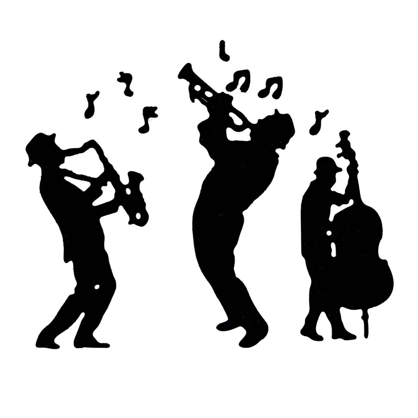 Finished jazz swing band silhouettes with floating music notes created using the metal cutting dies set for handmade cards, scrapbook pages and music-themed papercrafts.