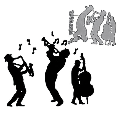 Finished jazz swing band die cuts shown alongside the metal cutting dies to demonstrate the completed design for card making and papercraft projects.
