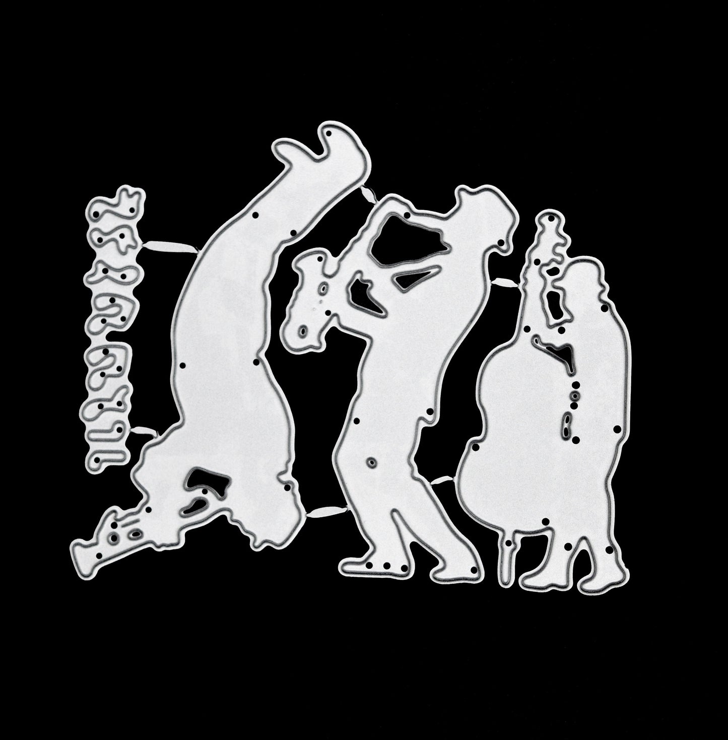 Jazz swing band and music notes metal cutting dies set displayed on a black background for card making, scrapbooking and music-themed papercraft projects.