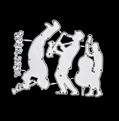 Jazz swing band and music notes metal cutting dies set displayed on a black background for card making, scrapbooking and music-themed papercraft projects.