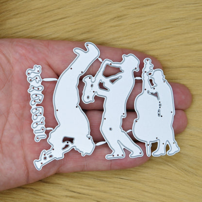 Jazz swing band and music notes metal cutting dies set shown in hand on a faux fur background to demonstrate the size for card making and papercrafts.
