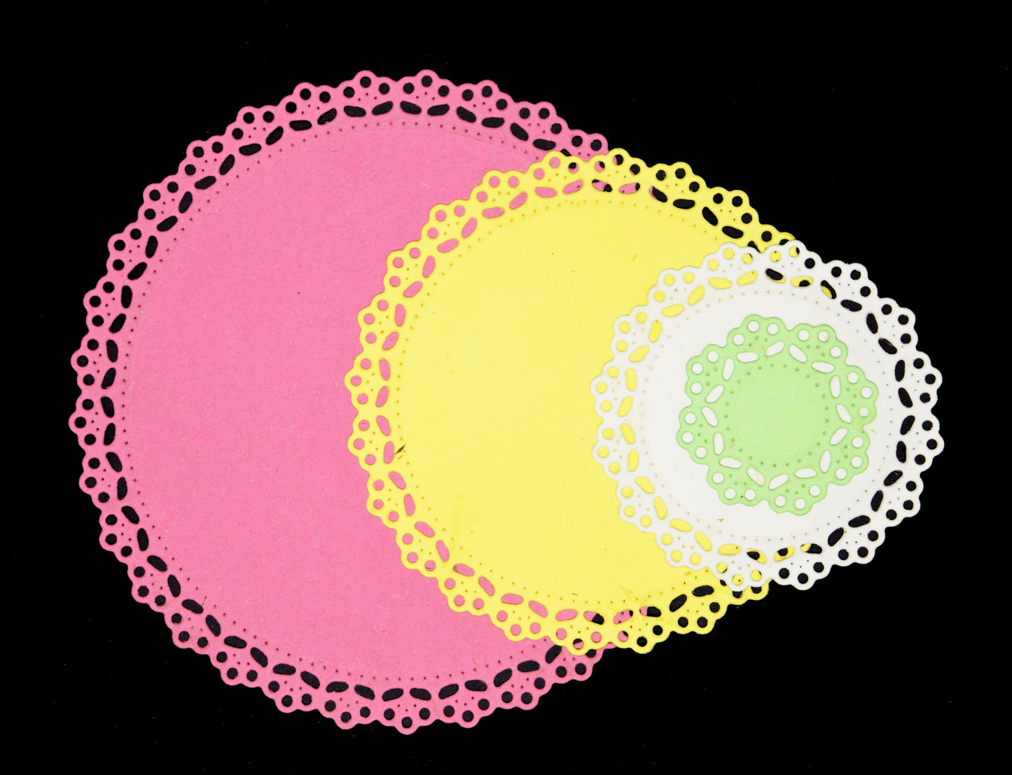 Layered lace circle paper cut shapes made using nesting metal cutting dies